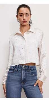 Good American Crystal Embellished Cropped Satin Shirt Cloud White Large